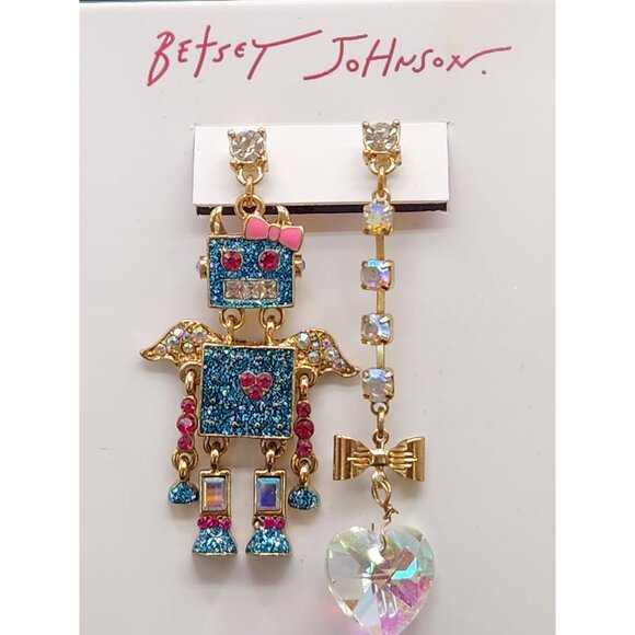 Betsey Johnson Jewelry - Betsey Johnson Mismatched Blue Glitter Robot Earrings Extremely Rare Collectors